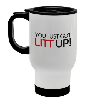 Suits You Just Got Litt Up! , Stainless steel travel mug with lid, double wall white 450ml