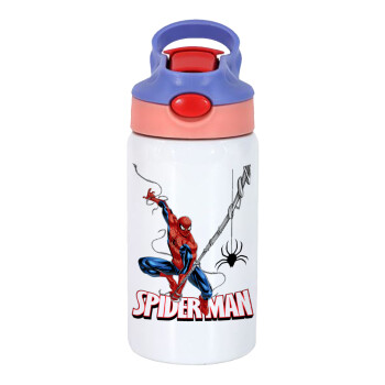 Spiderman fly, Children's hot water bottle, stainless steel, with safety straw, pink/purple (350ml)