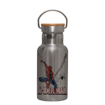 Spiderman fly, Μεταλλικό παγούρι θερμός (Stainless steel) Ασημένιο με ξύλινο καπακι (bamboo), διπλού τοιχώματος, 350ml