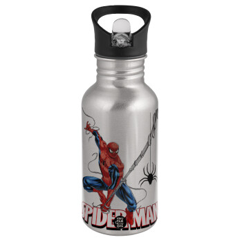 Spiderman fly, Water bottle Silver with straw, stainless steel 500ml