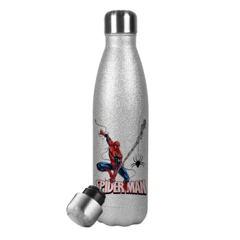 Spiderman fly, Metallic Glitter Silver Thermos Flask (Stainless steel), double-walled, 500ml