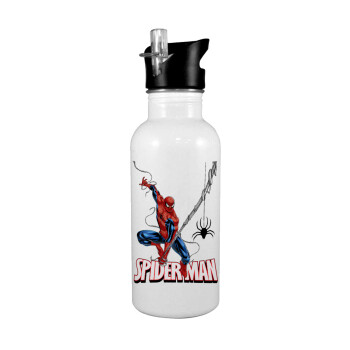 Spiderman fly, White water bottle with straw, stainless steel 600ml