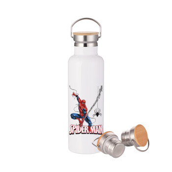 Spiderman fly, Μεταλλικό παγούρι θερμός (Stainless steel) Λευκό με ξύλινο καπακι (bamboo), διπλού τοιχώματος, 750ml