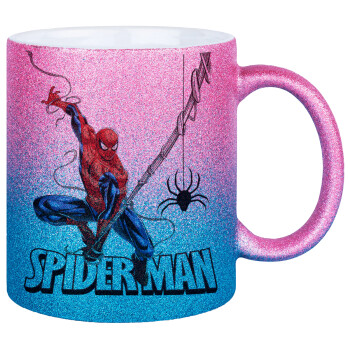 Spiderman fly, Κούπα Χρυσή/Μπλε Glitter, κεραμική, 330ml