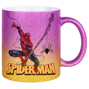Spiderman fly, Κούπα Χρυσή/Ροζ Glitter, κεραμική, 330ml