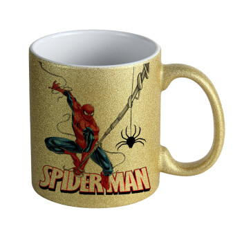 Spiderman fly, Κούπα Χρυσή Glitter που γυαλίζει, κεραμική, 330ml