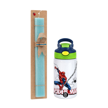 Spiderman fly, Easter Set, Children's thermal stainless steel bottle with safety straw, green/blue (350ml) & aromatic flat Easter candle (30cm) (TURQUOISE)