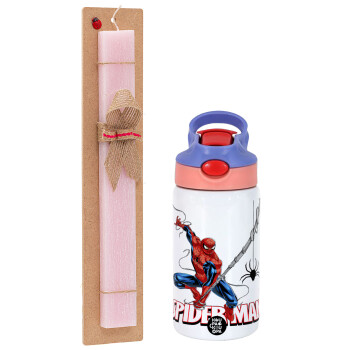 Spiderman fly, Easter Set, Children's thermal stainless steel water bottle with safety straw, pink/purple (350ml) & Easter scented flat candle (30cm) (PINK)