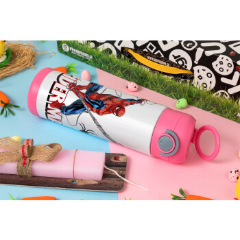 Spiderman fly, Πασχαλινή Λαμπάδα με Παιδικό παγούρι θερμό, ανοξείδωτο, με καλαμάκι ασφαλείας, ΡΟΖ (500ml)