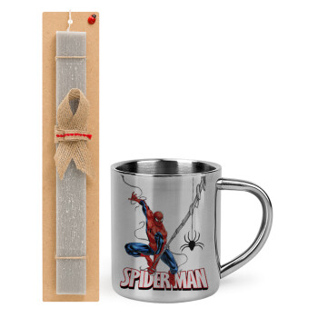 Spiderman fly, Πασχαλινό Σετ, μεταλλική κούπα θερμό (300ml) & πασχαλινή λαμπάδα αρωματική πλακέ (30cm) (ΓΚΡΙ)
