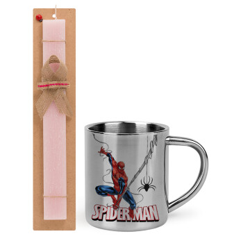 Spiderman fly, Πασχαλινό Σετ, μεταλλική κούπα θερμό (300ml) & πασχαλινή λαμπάδα αρωματική πλακέ (30cm) (ΡΟΖ)