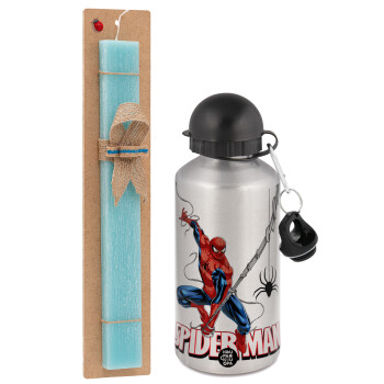 Spiderman fly, Easter Set, metallic silver aluminum water bottle (500ml) & scented flat Easter candle (30cm) (TURQUOISE)
