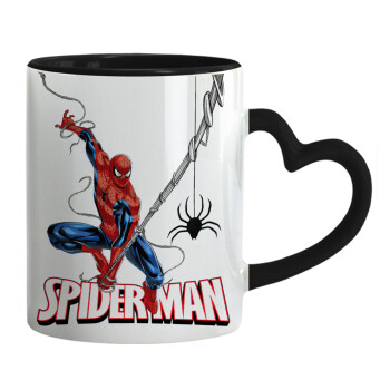 Spiderman fly, Mug heart black handle, ceramic, 330ml