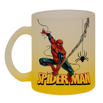 Spiderman fly, Κούπα γυάλινη δίχρωμη με βάση το κίτρινο ματ, 330ml