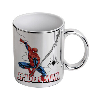 Spiderman fly, Mug ceramic, silver mirror, 330ml