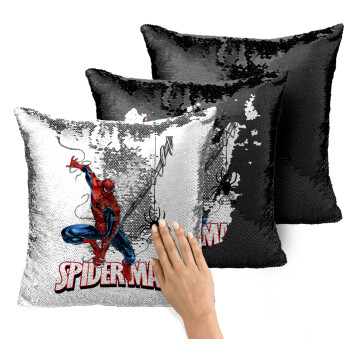 Spiderman fly, Μαξιλάρι καναπέ Μαγικό Μαύρο με πούλιες 40x40cm περιέχεται το γέμισμα