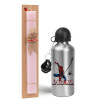 Easter Set, metallic Silver aluminum water bottle (500ml) & scented flat Easter candle (30cm) (PINK)