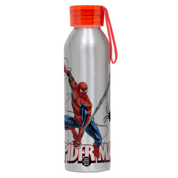 Spiderman fly, Αλουμινένιο Αθλητικό Μπουκάλι 650ml – Ασημί με Κόκκινο Καπάκι και Λουράκι Σιλικόνης