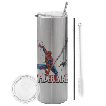 Spiderman fly, Eco friendly ποτήρι θερμό Ασημένιο (tumbler) από ανοξείδωτο ατσάλι 600ml, με μεταλλικό καλαμάκι & βούρτσα καθαρισμού