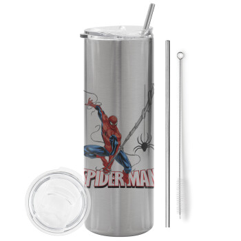 Spiderman fly, Tumbler stainless steel Silver 600ml, with metal straw & cleaning brush
