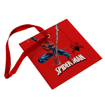 Spiderman fly, Χριστουγεννιάτικο στολίδι γυάλινο τετράγωνο 9x9cm