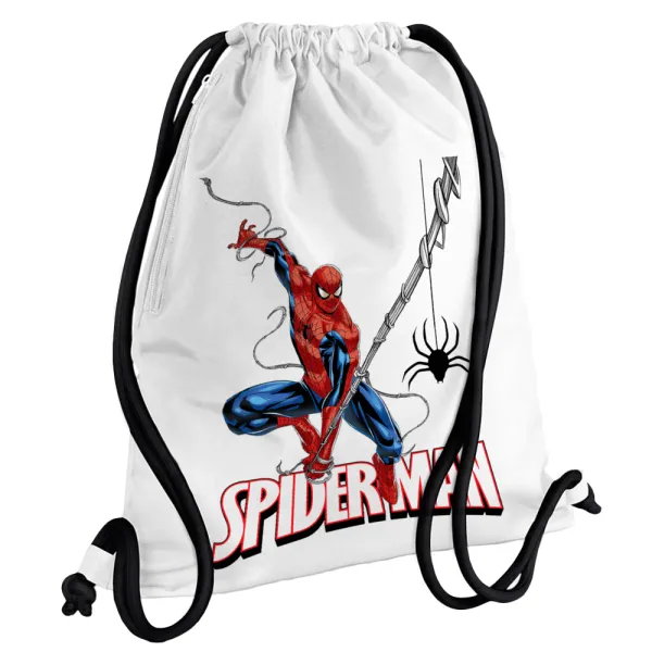 Spiderman fly — Τσάντα πλάτης πουγκί GYMBAG λευκή, με τσέπη (40x48cm) & χονδρά κορδόνια