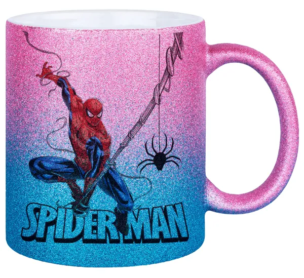 Spiderman fly — Gold/blue glitter mug, ceramic, 330ml