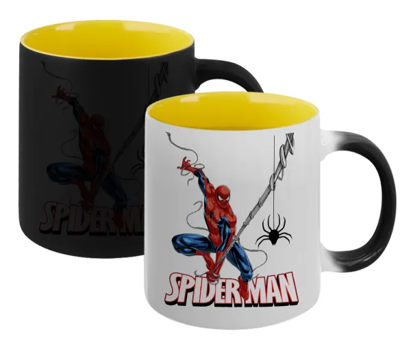 Spiderman fly — Κούπα Μαγική εσωτερικό κίτρινη, κεραμική 330ml που αλλάζει χρώμα με το ζεστό ρόφημα