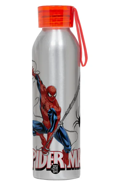 Spiderman fly — Αλουμινένιο Αθλητικό Μπουκάλι 650ml – Ασημί με Κόκκινο Καπάκι και Λουράκι Σιλικόνης