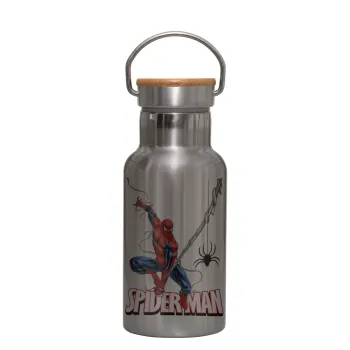 Spiderman fly, Stainless steel metallic thermos flask, silver with a bamboo lid, double-walled, 350ml.