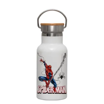 Spiderman fly, Metallic thermos (Stainless steel) White with wooden lid (bamboo), double-walled, 350ml