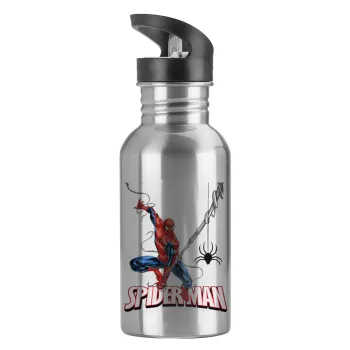 Spiderman fly, Water bottle Silver with straw, stainless steel 600ml