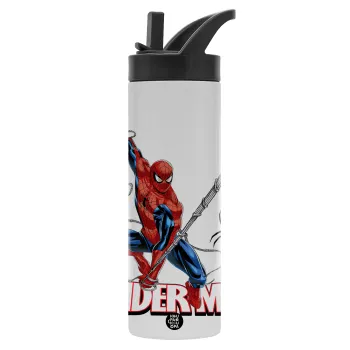 Spiderman fly, Μεταλλικό παγούρι θερμός με καλαμάκι & χειρολαβή, ανοξείδωτο ατσάλι (Stainless steel 304), διπλού τοιχώματος, 600ml