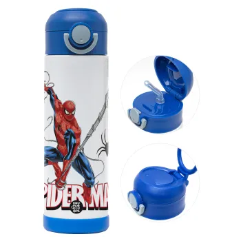 Spiderman fly, Παιδικό παγούρι θερμό, ανοξείδωτο, με καλαμάκι ασφαλείας, ΜΠΛΕ (500ml)