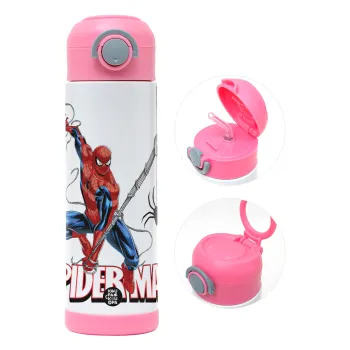 Spiderman fly, Παιδικό παγούρι θερμό, ανοξείδωτο, με καλαμάκι ασφαλείας, ΡΟΖ (500ml)