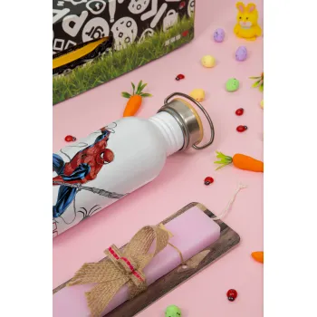 Spiderman fly, Πασχαλινή Λαμπάδα με παγούρι μεταλλικό (620ml, stainless steel) & κερί αρωματικό πλακέ (30cm) (ΡΟΖ)