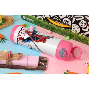 Spiderman fly, Πασχαλινή Λαμπάδα με Παιδικό παγούρι θερμό, ανοξείδωτο, με καλαμάκι ασφαλείας, ΡΟΖ (500ml)