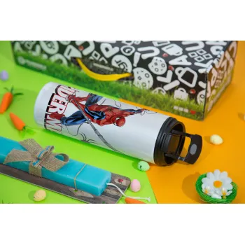 Spiderman fly, Easter candle,Travel Tumbler 2 Lids, with metal straw & cleaning brush & aromatic flat candle (30cm) (BLUE)