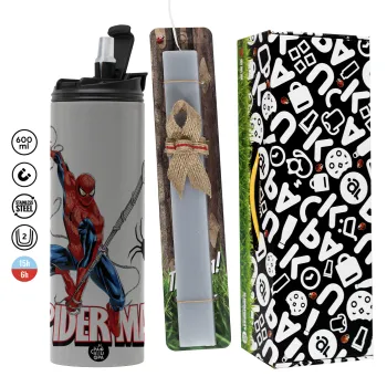 Spiderman fly, Πασχαλινή Λαμπάδα με Travel Tumbler θερμό (600ml, BPA free) & κερί αρωματικό πλακέ (30cm) (ΓΚΡΙ)