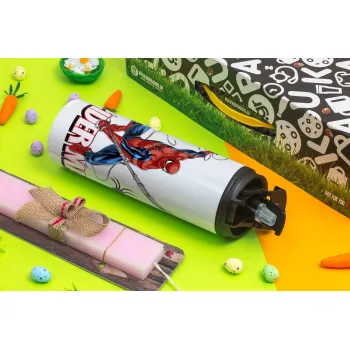 Spiderman fly, Πασχαλινή Λαμπάδα με Travel Tumbler θερμό με διπλό καπάκι (600ml, BPA free) & κερί αρωματικό πλακέ (30cm) (ΡΟΖ)