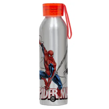 Spiderman fly, Αλουμινένιο Αθλητικό Μπουκάλι 650ml – Ασημί με Κόκκινο Καπάκι και Λουράκι Σιλικόνης