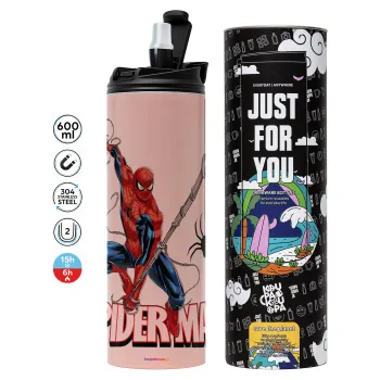Spiderman fly, Tumbler ποτήρι θερμό ΡΟΖ από ανοξείδωτο ατσάλι 600ml