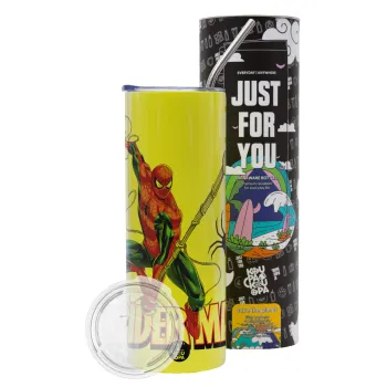 Spiderman fly, Neon Yellow Travel Tumbler θερμό, μεταλλικό καλαμάκι(Ανωξείδωτο 304 Food grade, BPA free, 600ml)