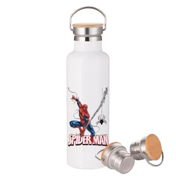 Spiderman fly, Stainless steel White with wooden lid (bamboo), double wall, 750ml