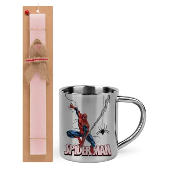 Spiderman fly, Πασχαλινή Λαμπάδα με μεταλλική κούπα θερμό (300ml) & κερί αρωματικό πλακέ (30cm) (ΡΟΖ)