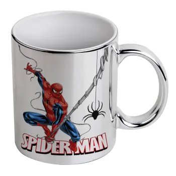 Spiderman fly, Mug ceramic, silver mirror, 330ml