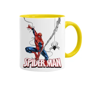 Spiderman fly, Κούπα χρωματιστή κίτρινη, κεραμική, 330ml