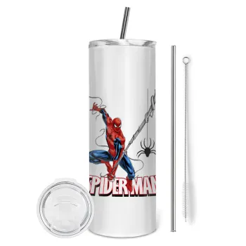 Spiderman fly, Tumbler ποτήρι θερμό από ανοξείδωτο ατσάλι 600ml, με μεταλλικό καλαμάκι & βούρτσα καθαρισμού