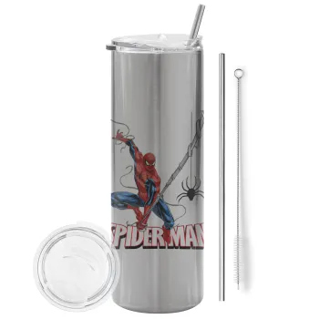Spiderman fly, Tumbler ποτήρι θερμό Ασημένιο από ανοξείδωτο ατσάλι 600ml, με μεταλλικό καλαμάκι & βούρτσα καθαρισμού