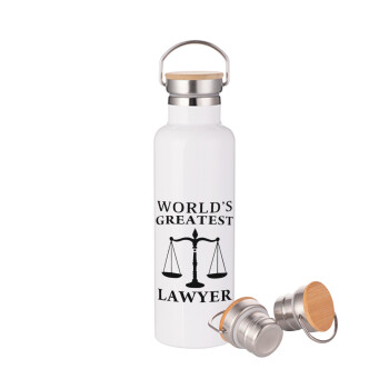 World's greatest Lawyer, Μεταλλικό παγούρι θερμός (Stainless steel) Λευκό με ξύλινο καπακι (bamboo), διπλού τοιχώματος, 750ml
